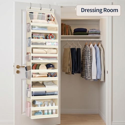 Yecaye 7 Tier Over the Door Organizer, Large Capacity Door Organizer Hanging with Clear PVC Windows, Behind the Door Storage for Bedroom Nursery Closet Laundry Pantry Bathroom, Cream White - Image 5