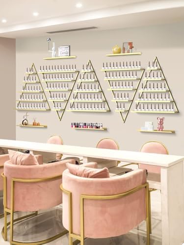 EBANKU 6PCS Nail Polish Racks 5 Tiers Nail Polish Shelf for Wall Triangular Display Rack Cosmetic Display Cases Lipstick Perfume Wall Shelf Essential Oil Organizers for Home Spa Nail Salon Shop(Gold) - Image 2