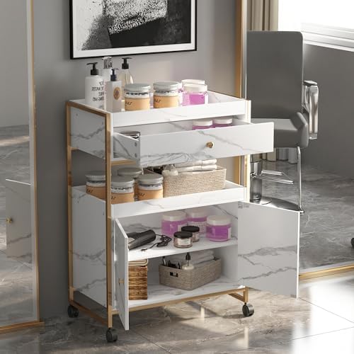 Salon Rolling Trolley Barber Storage Cart Lockable Wheels,Gold - Image 7