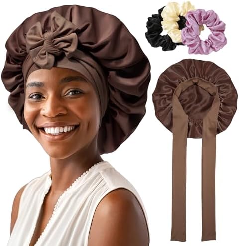 AWAYTR Satin Bonnet for Women, 2-Layer Large Sleep Cap with Adjustable Drawstring, Brown Includes 3 Hair Scrunchies by AWAYTR