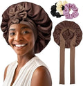 AWAYTR Satin Bonnet for Women, 2-Layer Large Sleep Cap with Adjustable Drawstring, Brown Includes 3 Hair Scrunchies by AWAYTR