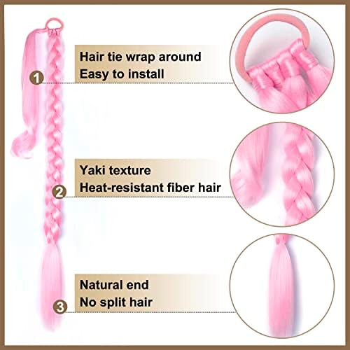 LyoRuSi 2 Pack 34 Inch Pink Long Braided Ponytail Extension with Hair Tie - Image 3
