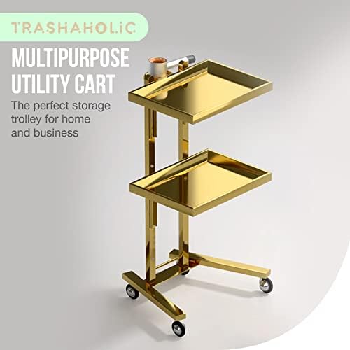Multifunctional 2-Tray Utility Cart on Wheels - Gold 2-Level Medical Trolley Cart - Mobile Storage Tray Cart for Dental Tools, Cavitation Machine, Salon Supplies - Brass Foldable Storage Trays - Image 2