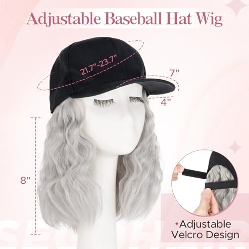 SEGO Baseball Cap with Hair Extensions for Women Heat Resistant Synthetic Hair Attached Long Curly Hairpiece Black Baseball Cap Wig Adjustable Hat Wigs for Women 8 Inch 88A/89A Light Grey - Image 3