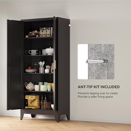 YAUWOH 71''Metal Cabinet with 4 Adjustable Shelves,5-Tier Pantry Storage Cabinet,Kitchen Pantry Cabinet for Living Room,Dining Room, (1PC,Black) - Image 5