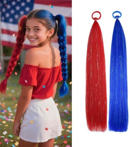 Red/Blue Ponytail Extensions, Girls Hair Accessories Tinsel Extensions With Rubber Band Braiding Ponytail Extensions for Women Halloween Festival Daily Party Rave Wacky Crazy Day Hair Pieces 2pcs/lot by Szphoxer