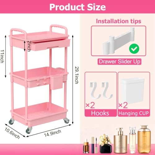REBECAT 3 Tier Rolling Makeup Cart Cosmetic Display Organizer with Drawer - Image 2