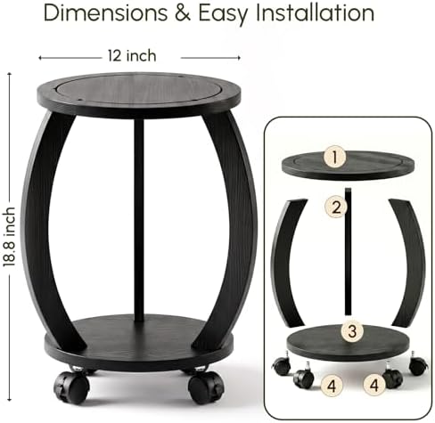 2 Tier Wooden Plant Stand Indoor with Wheels – Tall Plant Stand for 6-12 Inch Pots, Mid-Century Modern Rustic Plant Table Indoor, Pedestal Stand for Corner, Living Room, Balcony, Black - Image 6