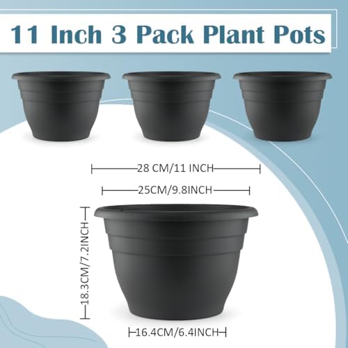 RooTrimmer 3 Pack 11 Inch Plant Pots with Drainage Hole and Plug,Plastic Flower Pots for Indoor & Outdoor Plants,Lightweight Plant Pots Perfect for Herbs,Flowers & Succulents(Gray) - Image 5