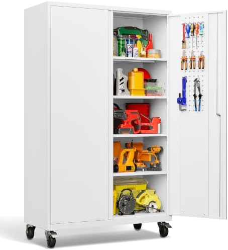 SISESOL White Wide & Deep Metal Storage Cabinet with Wheels,Tall Rolling Garage Storage Cabinet with Lock,Black Metal Cabinets with Shelves and Pegboards,Tool Locker for Garage,Home,Office by SISESOL