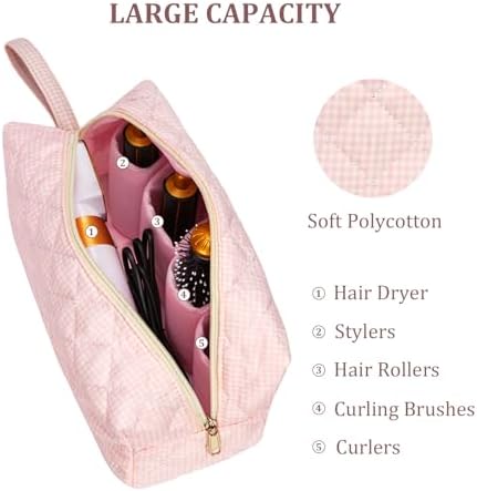 Travel Hair Tool Bag Compatible with Dyson Airwrap Carrying Case, Gingham Portable Hair Dryer Bag Organizer (Pink Gingham) - Image 4