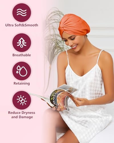 HFRHTGY Adjustable Silk Satin Hair Bonnet for Sleeping, Double Layer Hair Wrap Sleep Cap Turban for Women Men, Curly Straight Braid Unisex (Tangerine Orange 58) - Image 3