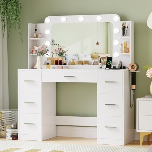 JUMMICO Makeup Vanity Desk with Large Mirror and Lights, Vanity with Power Strip and Hairdryer Holder, 6 Open Shelves and 7 Drawers Modern Dressing Table, for Bedroom (White) - Image 2