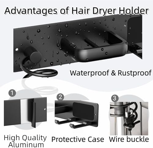 Hair Dryer Holder Wall Mounted Blow Dryer Holder Curling Iron Holder Straightener Holder 3 in 1 Bathroom Metal Hair Tool Organizer Rack（Matte Black） - Image 2
