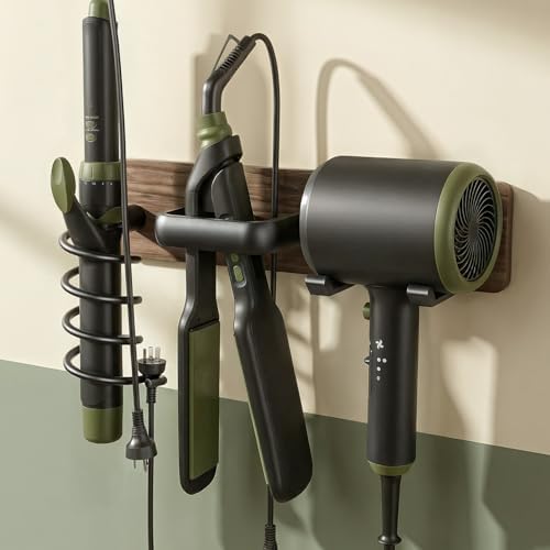 Tindbea Upgraded Walnut Hair Dryer Holder Wall Mounted,3-in-1 Hair Tool Organizer for Blow Dryer, Curling iron, and Straightener, Blow Dryer Holder for Bathroom, Vanity, Matte Black by Tindbea