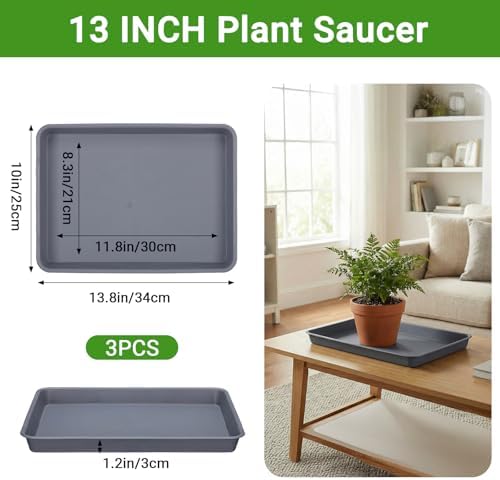 13 Inch Plant Trays, Grey Pebble Tray for Plant Humidity, Rectangular Planter Saucers for Indoor Outdoor Plants(Pack of 3) - Image 2