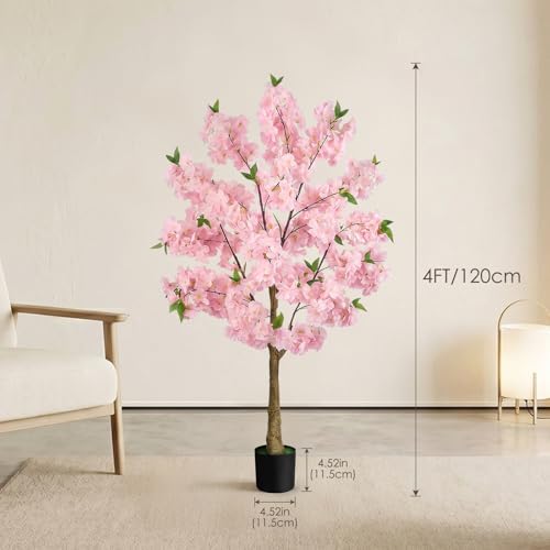 2 Pack Pink Artificial Cherry Blossom Tree, 4FT Faux Sakura Flowers Decor - Image 2
