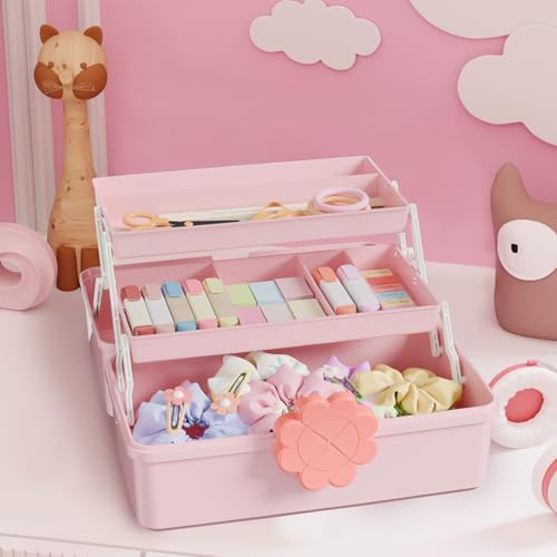 Covetree Hair Accessories Organizer with Handle sewing organizer，Lockable Three-Layer Multipurpose Art Supplies Storage Box and Storage Plastic Jewelry Box (pink) - Image 5