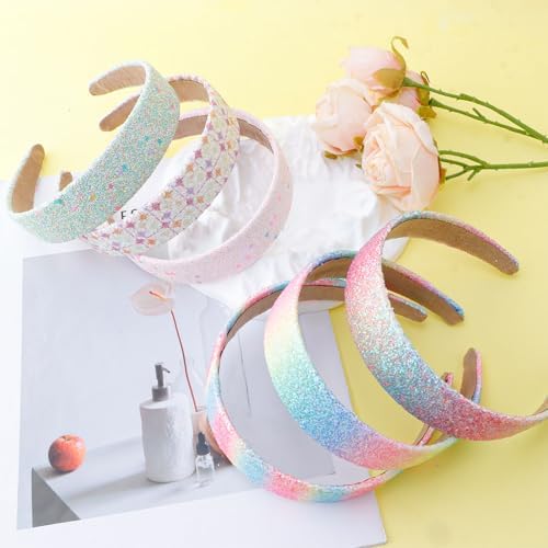 Headbands for Girls Women, 6Pcs 1.2" Wide Glitter Headbands Women Girls Sparkly Rainbow Pink Green Hairbands Hair Accessories for Teens & Adults Party, Back to School, Daily Outfits - Image 3