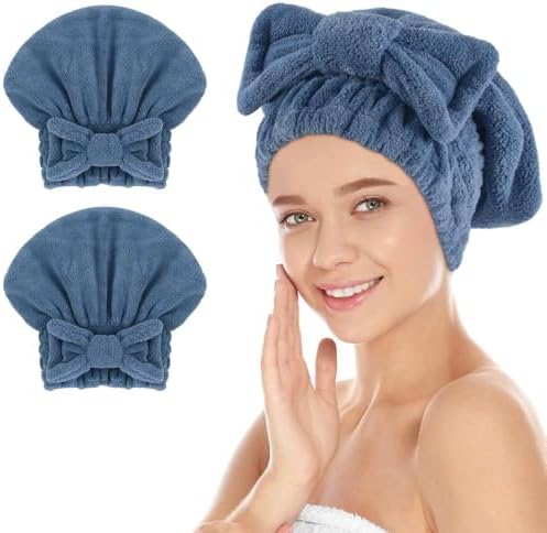 SUNLAND Large Microfiber Hair Drying Caps with Bow Knot 2 Pack Darkblue by SUNLAND