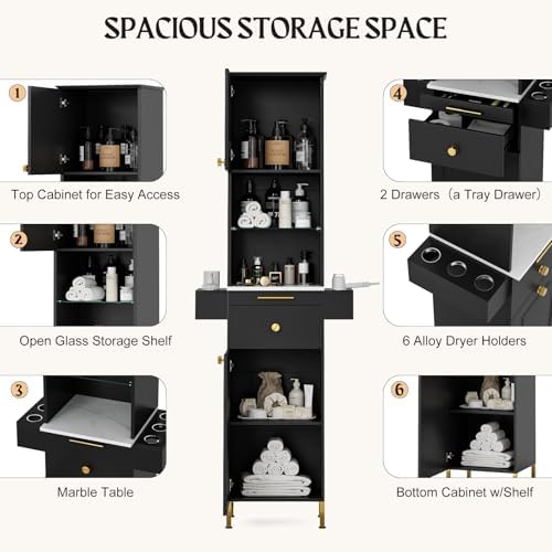 Beauty Salon Station, Hair Salon Station w/Glass Shelf & Golden Handles, Stylist Station for Salon w/6 Hair Dryer Holders, 2 Storage Cabinet & Drawers(Black) - Image 3