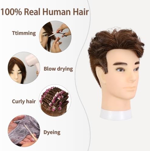 10" Brown Male Mannequin Head with 100% Real Human Hair, Professional Barber Mannequin Head Cosmetology Manikin Training Head for Haircut Styling Practice with Free Clamp Stand (Dark brown) - Image 5