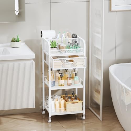 HapiRm Makeup Organizer Storage Cart - Floor Skincare Make Up Organizers with 4 Drawers, Rolling Makeup Cart Vanity Organizer Cosmetics Display Cases Holder for Skin Care Nail Polish White+Wood - Image 6