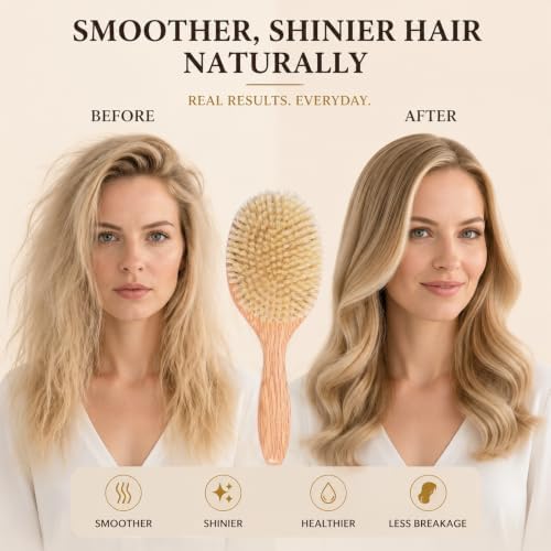 100% Boar Bristle Hair Brush for Fine Thin Hair, Natural Soft Boar Bristle Oval Cushion Brush with North American Oak Wood Handle for Women, Smooth Frizz & Enhance Shine, Wide Tooth Comb & Cleaner - Image 5