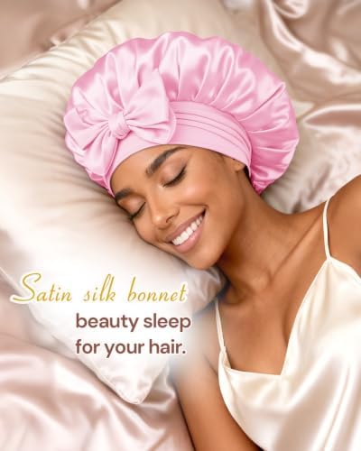 BONNET QUEEN Soft Premium Satin Lined Bonnet, Double Layer Anti-Frizzy Silk Like Bonnet for Sleeping for Curly Hair with Tie Band, Pink - Image 2