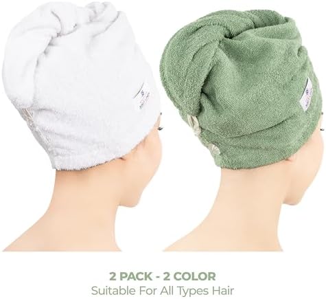 American Soft Linen 100% Cotton Hair Towels for Women, Head Towel Cap, Cotton Hair Turban Towel Wrap for Hair, Soft and Absorbent Cotton Hair Towels 2 Pack, White-Sage Green - Image 2
