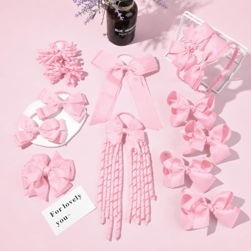 DEEKA Teal School Hair Accessories Set 13 Pcs Uniform Bow Headband Clips Hair Ties Curly Korker Bows for Little Toddler School Girls (Pink) - Image 7