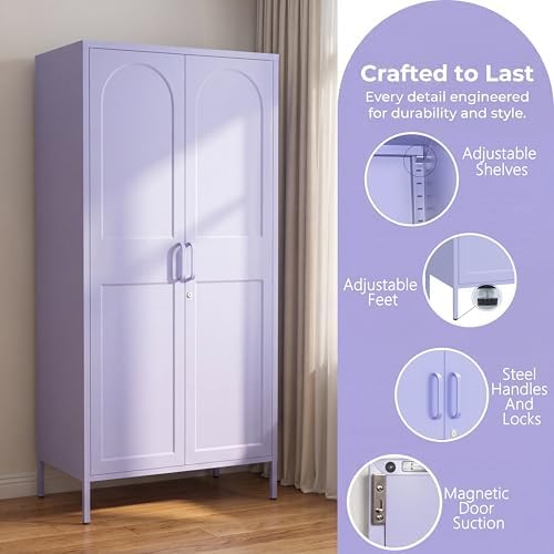 Lockable Metal Armoire Wardrobe Closet, 67 Inch Steel Clothing Storage Cabinet, Hanging Rod and Adjustable Shelves, Purple 2 Door Storage Cabinet for Bedroom Cloak Room Office Gym - Image 4
