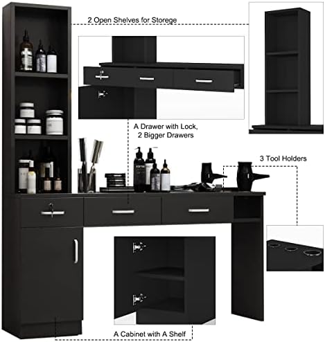 Paddie Barber Salon Station Wall Mount Hair Styling Salon Equipment Set Beauty Spa Furniture Set, Lockable Left Shelf, Mirror not Included(Black) - Image 2