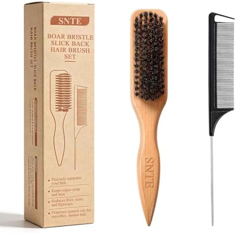 Peach Wood Boar Bristle Slick Back Hair Brush & Rat Tail Comb Set - Controls Frizz, Smooths Flyaways, Restores Shine - Creates Sleek Ponytails, Buns & Edge Control, Teasing for Women & Kids by Unknown