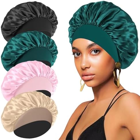 4PCS Silk Satin Bonnets for Black Women & Men - Elastic Wide Band Hair Wrap Cap for Curly Hair - Shower Cap for Sleeping (Black, Peacock Blue, Pink, Khaki) by FIRSTPELLA