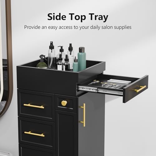 OmySalon Salon Trolley Cart, Hair Styling Station with 5 Drawers, 3 Tool Holders & Adjustable Shelf, Mobile Storage Cabinet Utility Trolley for Barber, Beauty Spa, Home (Black) - Image 7