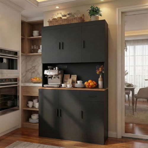DIYART 71 Inch Black Pantry Cabinet with Power Outlet, Heavy-Duty Freestanding Kitchen Storage Organizer with Reinforced Frame, Pantry Hutch for Kitchen, Dining Room, Living Room - Image 5