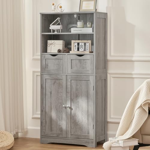 Iwell Storage Cabinet with 2 Drawers & Adjustable Shelf, Tall Bathroom Cabinet with Doors, Cupboard, Kitchen Cabinets for Living Room, Dining Room, Entryway, Grey - Image 5