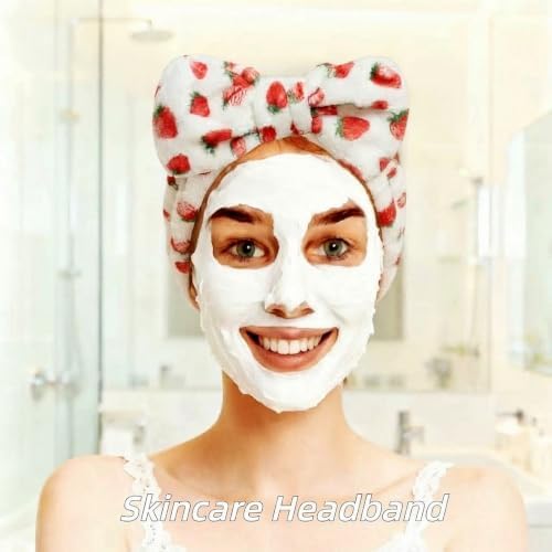 7 Pcs Spa Set, Facial Headband and Wristband Set, Skincare Accessories, College Style Girl Gift, Hair Accessories for Women and Girls（Pink Strawberry） - Image 6