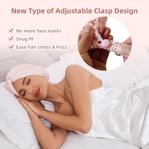 Adjustable Silk Satin Hair Bonnet for Sleeping Women, Double Layer, Silk Hair Wrap for Sleeping Women Men, Curly Natural Braid Straight Unisex - Pink - Image 2