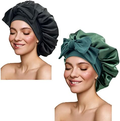 Satin Bonnet Silk Bonnet Hair Bonnet for Sleeping Large Bonnets with Tie Band Wrap with Adjustable Straps Cap Night Sleep Caps for Women Curly Braid Hair(Black,Hunter Green) by GiLi
