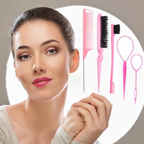 5Pcs Slick Back Brush Set with Topsy Tail Tool, Teasing Bristle, Rat Comb for Women & Girls Hair Styling, Flyaways Control and Edge Combing - Pink - Image 2