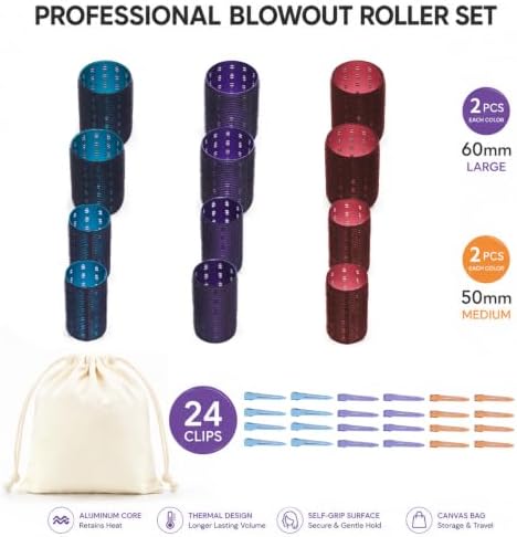 Aluminum Metal Hair Rollers for Women, Thermal Velcro Rollers for Hair, 12 Pack Self Grip Design with 24 Clips & Canvas Bag for Blowout Volume, Curtain Bangs, Root Lift, Waves & Long Hair, 2" & 2.4" - Image 6