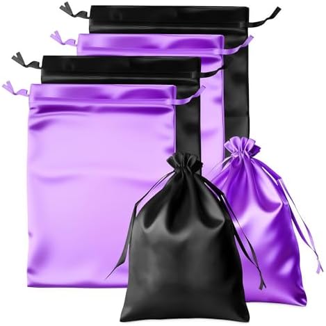 4-Pack Satin Wig Bags with Drawstrings, Purple & Black Storage Pouches Silk Hair Storage Bags for Multiple Wigs, Hair Extensions, Weave Bundles, and Braids, Gift & Travel Bag Storage Sacks by Unknown