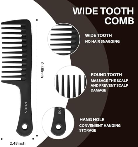 RHOS Comb Set for Women and Men, 3 Pieces - Wide Tooth, Rat Tail, Dresser Hair Combs - Detangling Hair Combs for All Hair Types - Black - Image 2