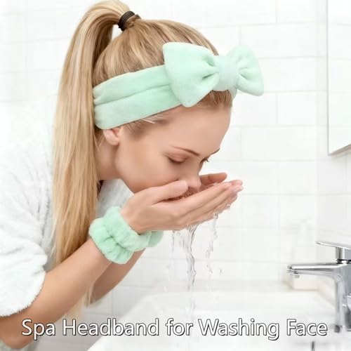 7 Pcs Spa Set, Facial Headband and Wristband Set, Skincare Accessories, College Style Girl Idea Gifts, Hair Accessories for Women and Girls（Light Green） - Image 4