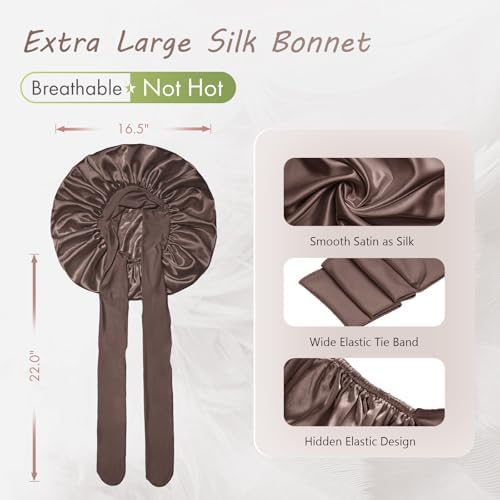 BONNET QUEEN XL Large Silk Like Bonnet for Sleeping for Curly Hair,Satin Bonnet with Adjustable Tie Band, Brown - Image 3