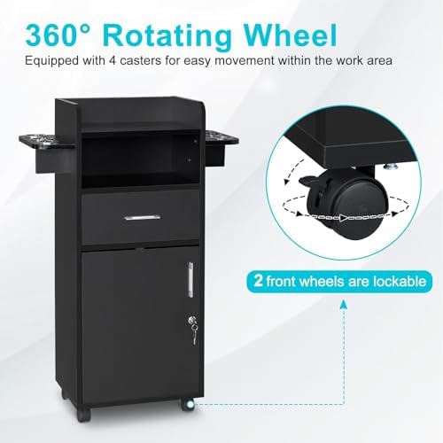 Hair Salon Storage Cart with Locable Wheels & 3 Hair Dryer Holders & 4 Drawers & Lock & 2 Keys, Rolling Salon Cart for Hair Stylist, Hairdresser, Beauty (Black - B) - Image 6