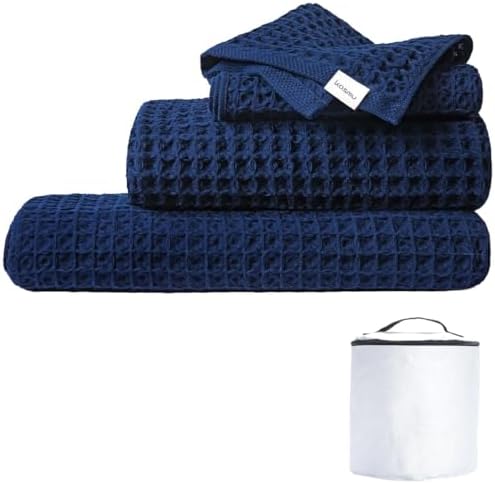 Luxury Organic Japanese Cotton Waffle Bath Towel | Thick, Absorbent, Quick Dry Bathroom Towels for Shower, Sauna, Onsen| Hotel & Spa Quality, Gift-Ready (Ocean Blue, Complete Set (4-Piece)) by KOSMU
