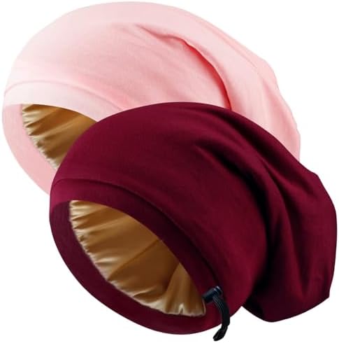 2 Pcs Adjustable Silk Hair Bonnet for Sleeping, Satin Lined Sleep Cap for Women and Men, Silk Hair Wrap Slouch Beanie. by Unknown